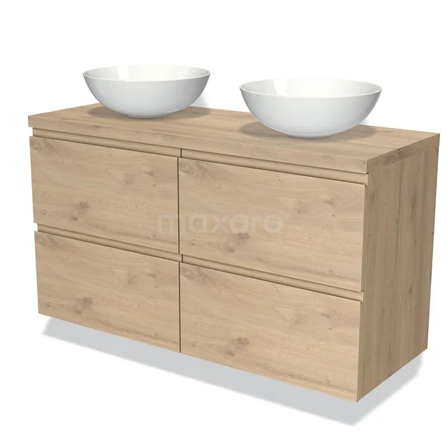 Modulo Plato Badmöbel mit Aufsatzwaschbecken | 120 cm Hellbraune Eiche Grifflos front Hellbraune Eiche blatt 4 Schubladen BMK18-01310 Holz-Badmöbel mit doppelten weißen Aufsatzwaschbecken, 4 Schubladen und einer natürlichen Holzoptik für einen modernen Stil im Badezimmer.