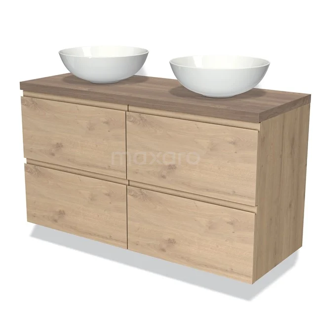 Modulo Plato Vanity units for countertop basin | 120 cm Light brown oak Handle-less front Mid brown oak worktop 4 drawers BMK18-01311
