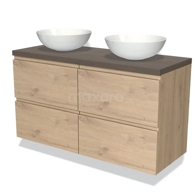 Badmöbel für Aufsatzwaschbecken 120cm Modulo Plato Hellbraune Eiche 4 Schubladen Grifflose dunkelbraune Eiche Platte BMK18-01312 Holz Badezimmermöbel mit 4 Schubladen, dunkelbrauner Platte und 2 weißen Aufsatzwaschbecken, modernes Design für ein stilvolles Badezimmer.