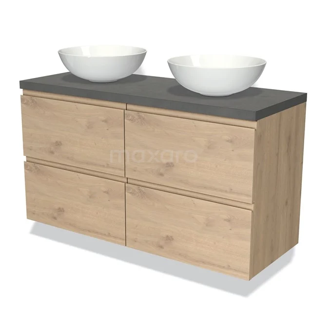 Modernes Badmöbel mit zwei weißen Aufsatzwaschbecken, Holzlook-Schubladen und dunkelgrauer Oberplatte, ideal für stilvolle Bäder.