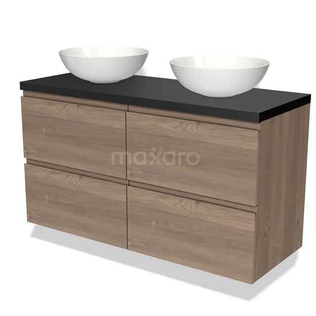 Hölzernes Badezimmermöbel mit schwarzer Platte, doppelten Aufsatzwaschbecken und vier Schubladen, modernes Design geeignet für jeden Badezimmerstil.