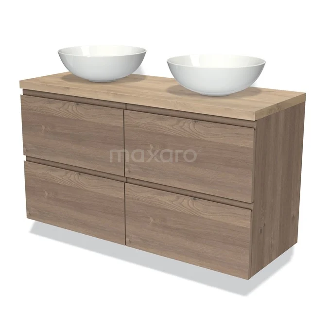 Houten badkamermeubel met dubbele witte waskommen, modern ontwerp, ideaal voor stijlvolle en functionele badkamerinrichting.