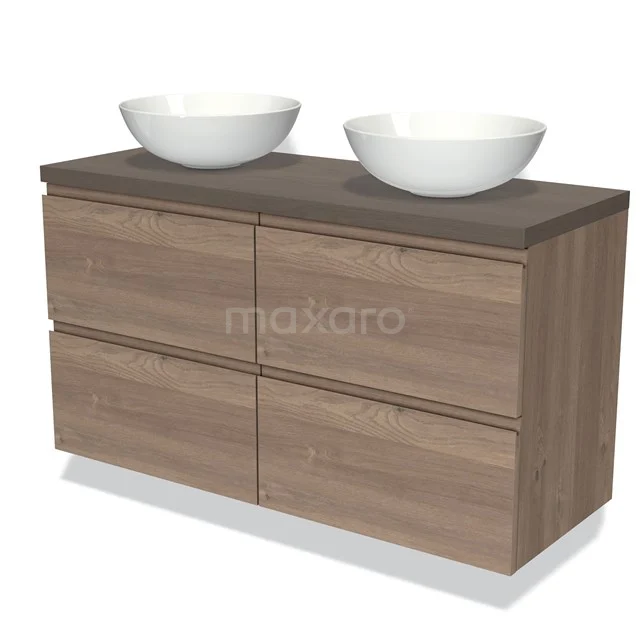 Modulo Plato Vanity units for countertop basin | 120 cm Mid brown oak Handle-less front Dark brown oak worktop 4 drawers BMK18-01326