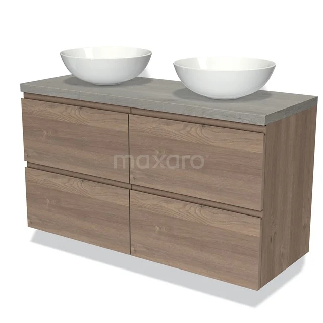 Wooden bathroom unit with 4 drawers, concrete-look worktop and two white ceramic countertop wash basins, ideal for a modern bathroom style.