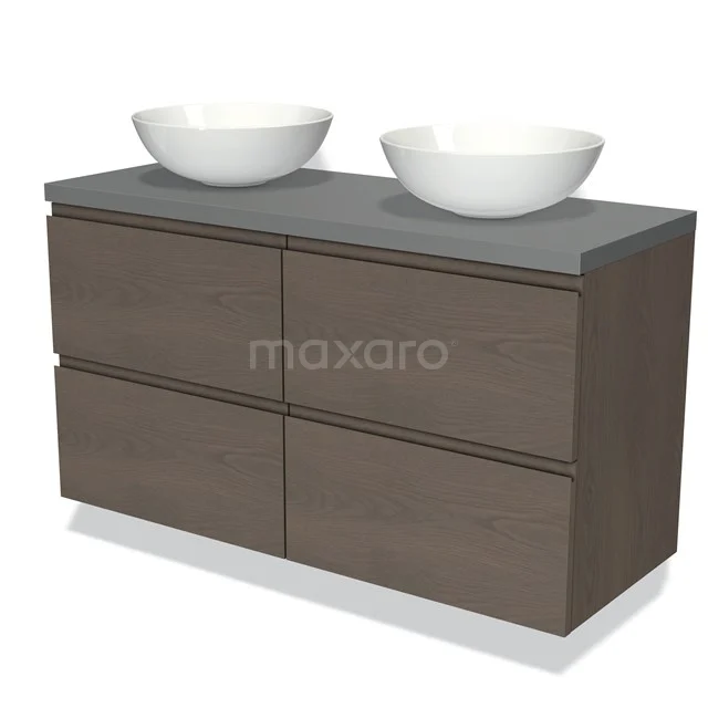 Modulo Plato Vanity units for countertop basin | 120 cm Dark brown oak Handle-less front Mid grey worktop 4 drawers BMK18-01331