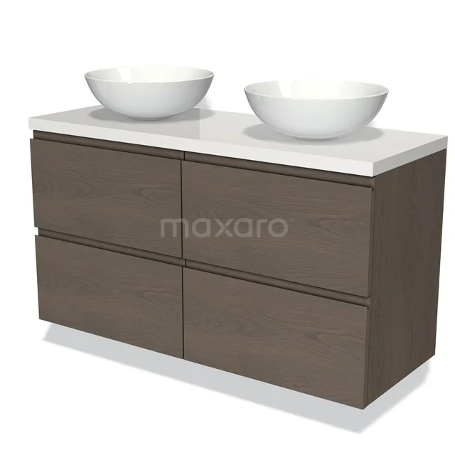 Badmöbel für Aufsatzwaschbecken 120cm Modulo Plato dunkelbraune Eiche 4 Schubladen Grifflos Hochglanz Weiß Platte BMK18-01332 Holz Badezimmermöbel mit doppeltem Aufsatzwaschbecken, modernes Design, Schubladenfronten in Walnussfarbe, ideal für geräumige Bäder.