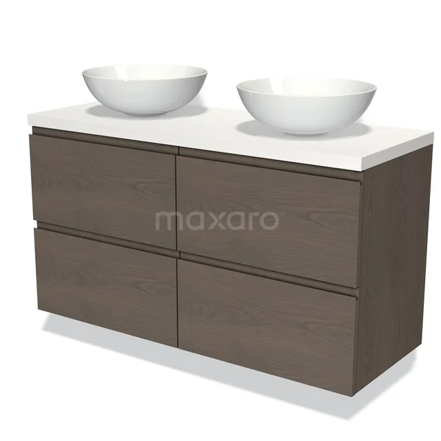 Modulo Plato Vanity units for countertop basin | 120 cm Dark brown oak Handle-less front Matte white worktop 4 drawers BMK18-01333