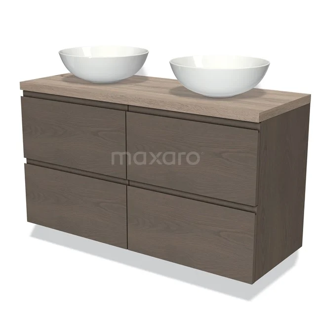 Modulo Plato Vanity units for countertop basin | 120 cm Dark brown oak Handle-less front Oak worktop 4 drawers BMK18-01336