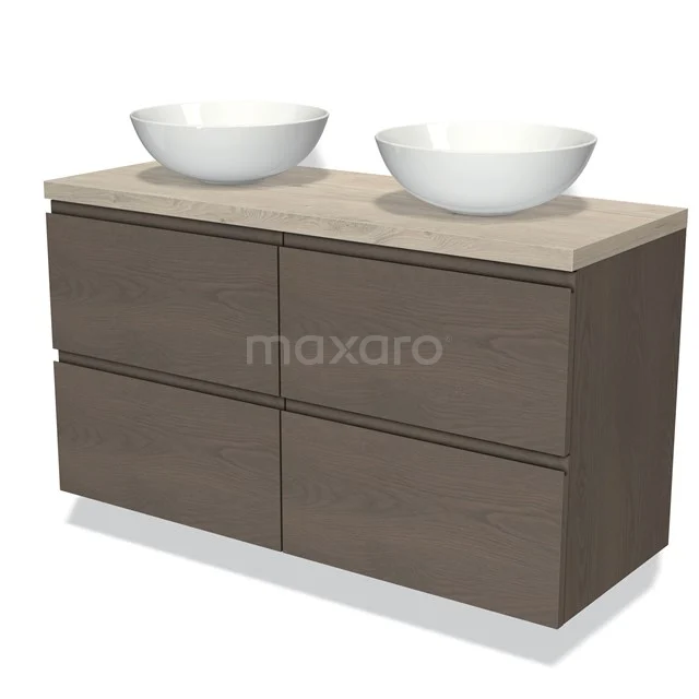 Modulo Plato Vanity units for countertop basin | 120 cm Dark brown oak Handle-less front Light grey oak worktop 4 drawers BMK18-01337