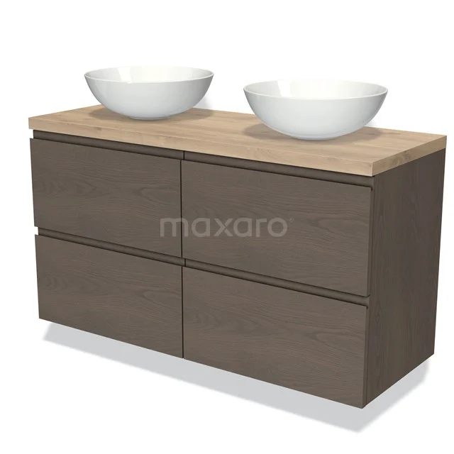 Modulo Plato Vanity units for countertop basin | 120 cm Dark brown oak Handle-less front Light brown oak worktop 4 drawers BMK18-01338