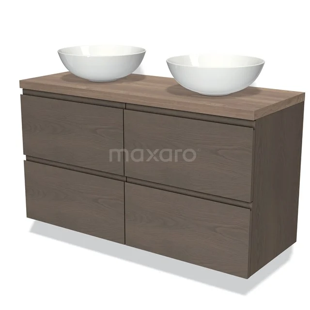 Modulo Plato Vanity units for countertop basin | 120 cm Dark brown oak Handle-less front Mid brown oak worktop 4 drawers BMK18-01339