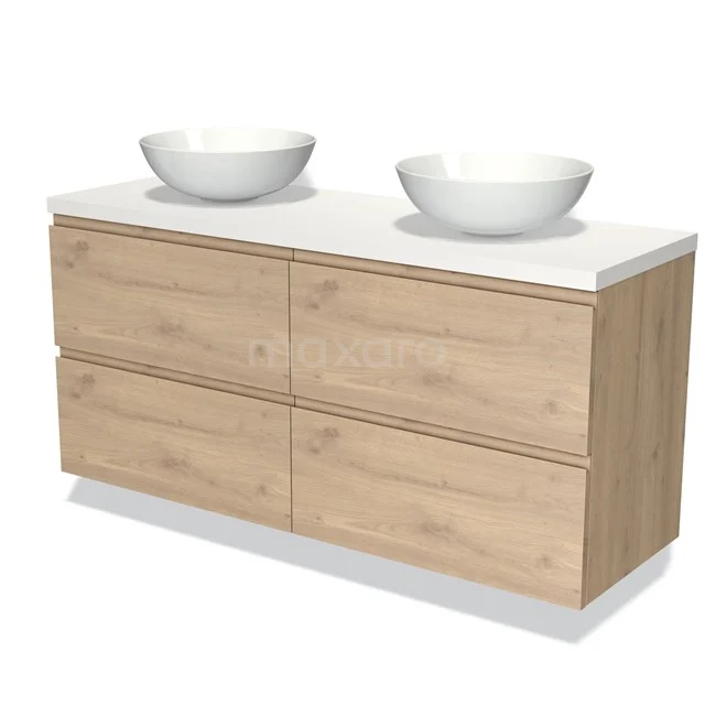 Eikenhouten badkamermeubel met dubbele wasbak, wit blad en vier lades, ideaal voor een moderne badkamerstijl.