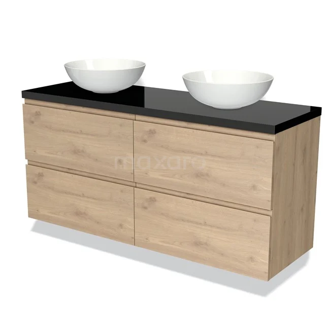 Modulo Plato Badmöbel mit Aufsatzwaschbecken | 140 cm Hellbraune Eiche Grifflos front Hochglanz Schwarz blatt 4 Schubladen BMK18-01349 Holz Badezimmermöbel mit Doppelwaschbecken, schwarzer Glasplatte, vier Schubladen und modernem Design für ein stilvolles Badezimmer.