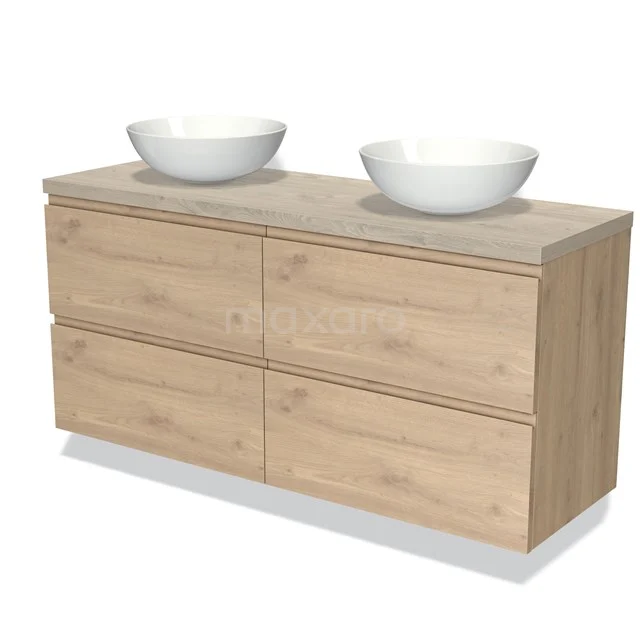Holz-Badmöbel mit doppeltem Aufsatzwaschbecken, heller Eichenfarbe, modernem Design und geräumigen Schubladen für ein stilvolles Badezimmer.