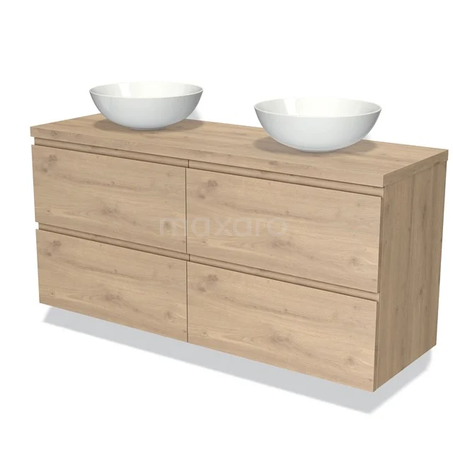 Badmöbel mit Konsole 140 cm Modulo Plato Hellbraune Eiche 4 Schubladen Grifflos BMK18-01352 Holz-Badmöbel mit Doppelwaschbecken, natur Eiche Oberfläche und vier geräumigen Schubladen für Stauraum.