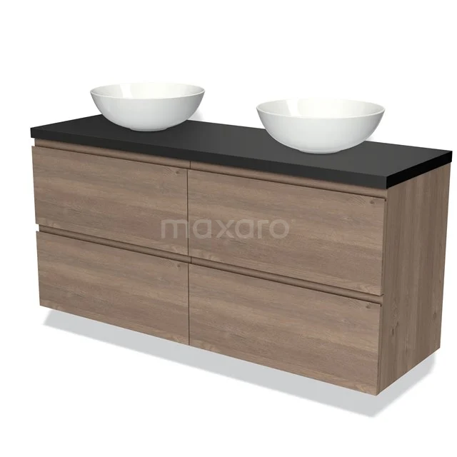 Waschtischunterschrank mit Konsole 140cm Modulo Plato Mittelbraune Eiche 4 Schubladen Grifflos Schwarz Platte BMK18-01358 Hölzernes Badezimmermöbel mit dunkler Platte, doppelten Aufsatzwaschbecken und 4 Schubladen, modernes Design für stilvollen Stauraum im Badezimmer.