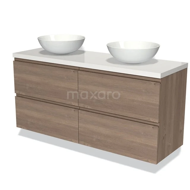Houten badkamermeubel met dubbele waskom, modern ontwerp en witte bladen, perfect voor stijlvolle badkamerinrichting.