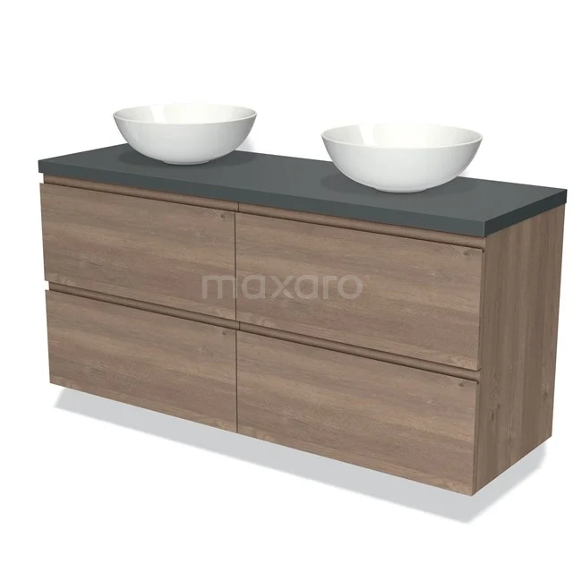 Houten badkamermeubel met dubbele waskommen, grijs stenen blad en strakke lades, ideaal voor een moderne badkamer.