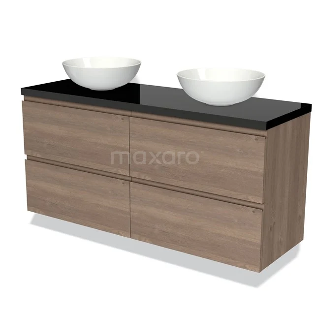 Modulo Plato Badmöbel mit Aufsatzwaschbecken | 140 cm Mittelbraune Eiche Grifflos front Hochglanz Schwarz blatt 4 Schubladen BMK18-01363 Holz Badezimmermöbel mit Doppelwaschbecken, schwarzer Glas Platte, moderne Ausstrahlung und geräumigen Schubladen.