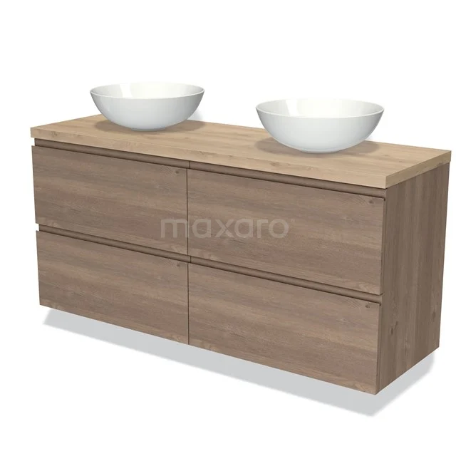 Houten wastafelmeubel met dubbele witte waskommen, modern design, ideaal voor een stijlvolle badkamerinrichting.