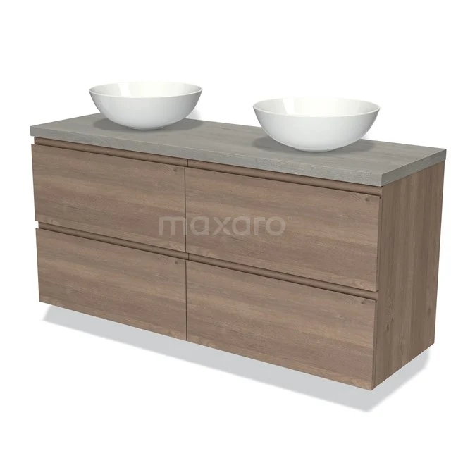 Houten badkamermeubel met dubbele wastafel, naturel eiken afwerking en grijs blad, modern design voor stijlvolle badkamers.