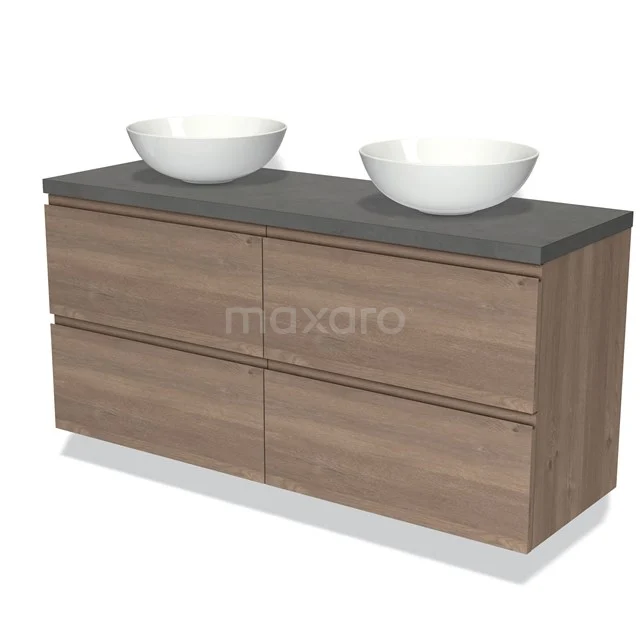 Modulo Plato Vanity units for countertop basin | 140 cm Mid brown oak Handle-less front Dark grey concrete worktop 4 drawers BMK18-01371