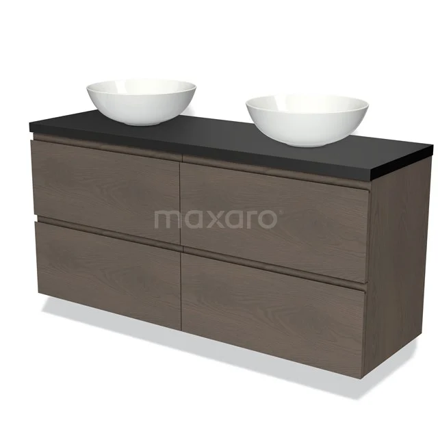 Badmöbel für Waschtischunterschrank mit Konsole 140cm Modulo Plato dunkelbraune Eiche 4 Schubladen grifflos Matt Schwarz Platte BMK18-01372 Badezimmermöbel Holzoptik, Doppelwaschbecken, schwarzes Blatt, modernes Design, vier Schubladen für zusätzlichen Stauraum.