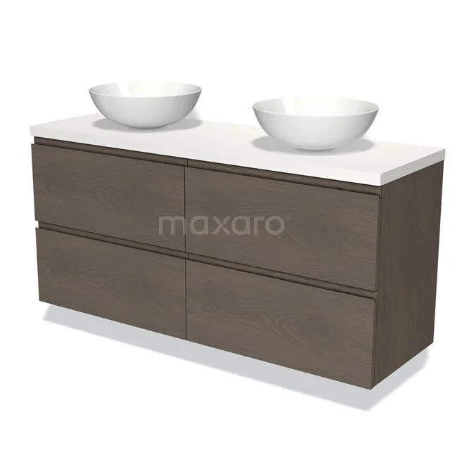 Modulo Plato Vanity units for countertop basin | 140 cm Dark brown oak Handle-less front Matte white worktop 4 drawers BMK18-01375