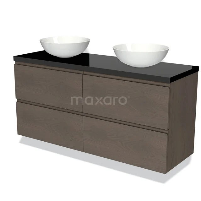 Modulo Plato Badmöbel mit Aufsatzwaschbecken | 140 cm Dunkelbraune Eiche Grifflos front Hochglanz Schwarz blatt 4 Schubladen BMK18-01377 Braunes Holz-Badmöbel mit vier Schubladen und schwarzer Platte, einschließlich zwei weißen Aufsatzwaschbecken.