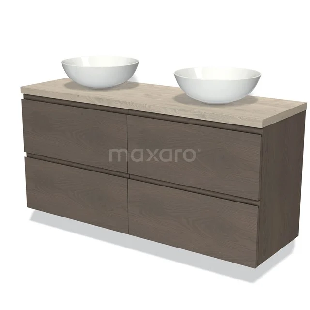 Double bathroom furniture set with dark wood design, beige Basin worktop and two round countertop wash basins, modern and stylish.