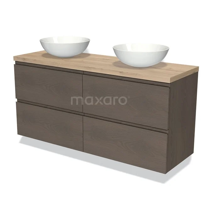 Modulo Plato Badkamermeubel voor waskom | 140 cm Donkerbruin eiken Greeploos front Lichtbruin eiken blad 4 lades BMK18-01380