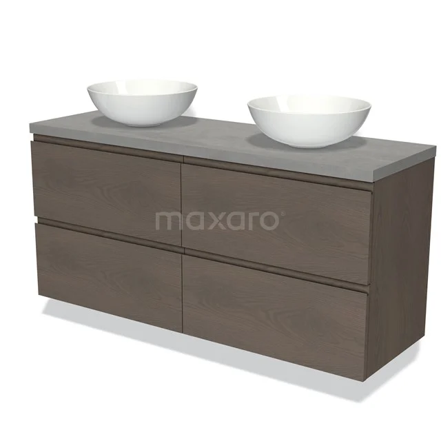 Modulo Plato Vanity units for countertop basin | 140 cm Dark brown oak Handle-less front Light grey concrete worktop 4 drawers BMK18-01384