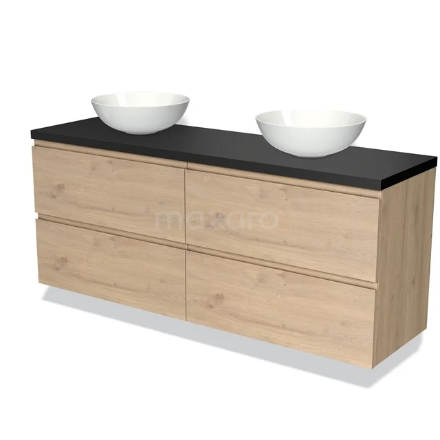 Houten badkamermeubel met vier lades, zwart blad en twee witte waskommen, modern design voor een stijlvolle badkamer.