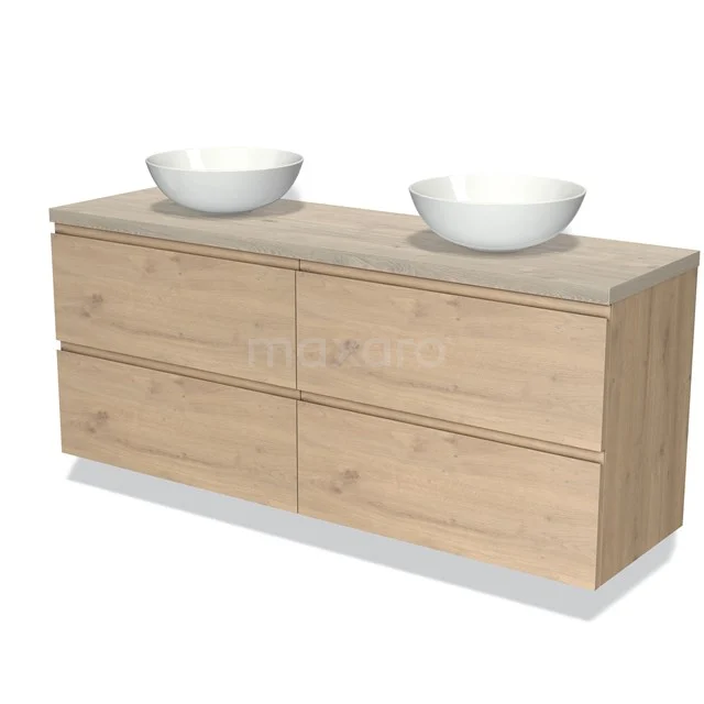 Holz Badezimmermöbel mit Doppelwaschbecken, heller Eiche Oberflächenbehandlung, vier Schubladen und einem modernen, minimalistischen Erscheinungsbild.