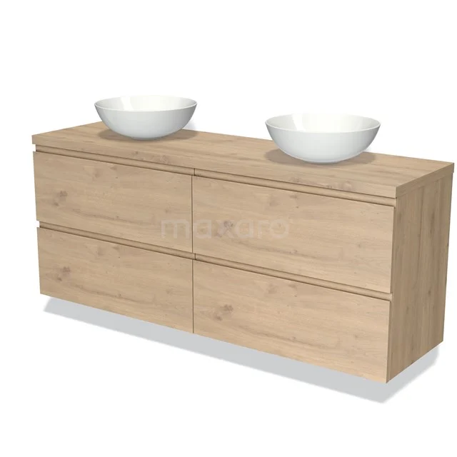 Houten badkamermeubel met twee opbouw waskommen, eikenlook, 4 lades, strak design. Perfect voor moderne badkamers.