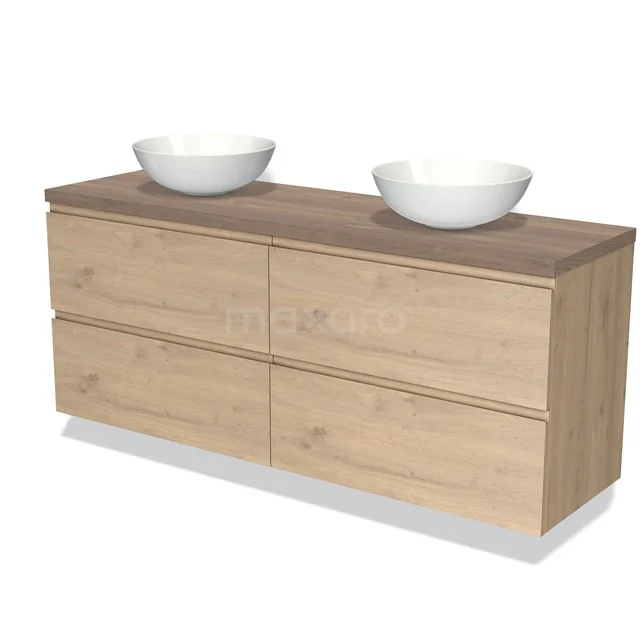 Houten badkamermeubel met dubbele witte waskommen, vier lades en een modern design, ideaal voor een stijlvolle badkamer.