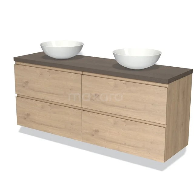 Wooden bathroom unit with dark worktop, four drawers and double countertop wash basins, ideal for modern bathroom design.