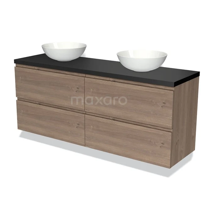 Houten badkamermeubel met vier lades, zwarte bovenkant en twee witte waskommen, modern design.