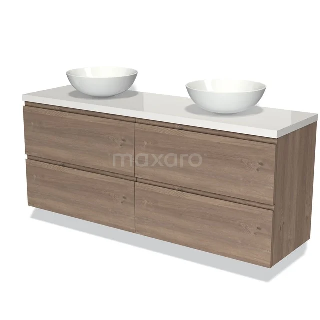 Houten badkamermeubel met dubbele wastafel, modern design, zes lades en wit blad; ideaal voor een stijlvolle badkamer.