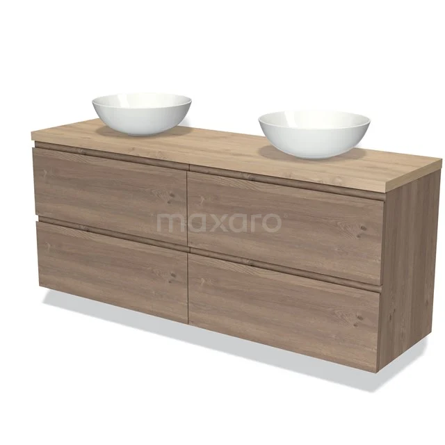Houten badkamermeubel met dubbele opzetwastafels, vier lades en een moderne afwerking voor een stijlvolle badkamer.