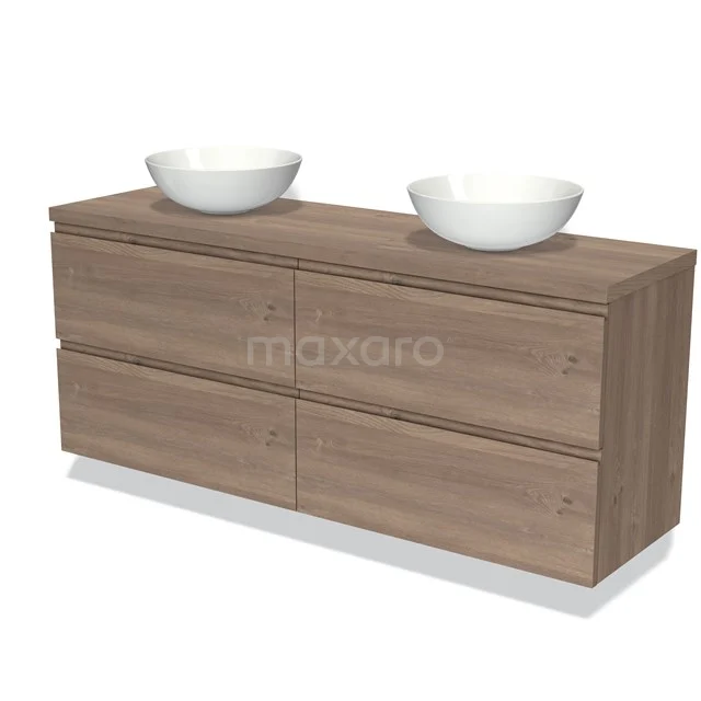 Waschtischunterschrank mit Konsole 160cm Modulo Plato Mittelbraune Eiche 4 Schubladen Grifflos BMK18-01396 Holz Badezimmermöbel mit doppeltem weißen Aufsatzwaschbecken, modernes Design und geräumigen Schubladen, geeignet für stilvolle Badezimmerlagerung.