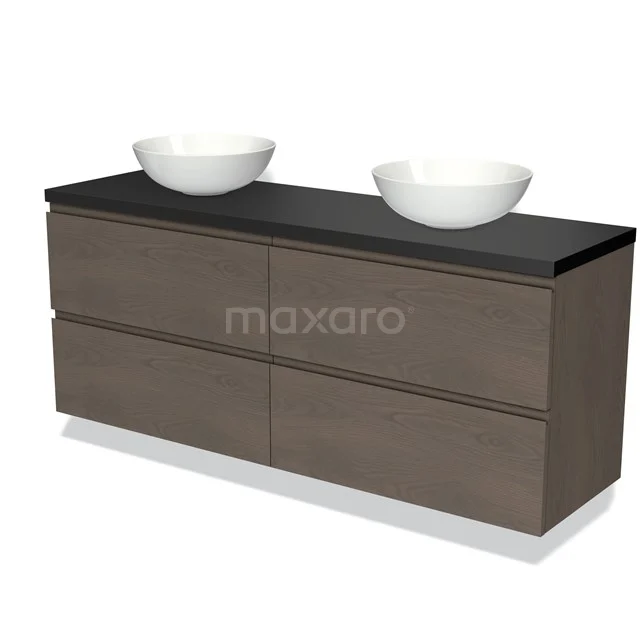 Modulo Plato Vanity units for countertop basin | 160 cm Dark brown oak Handle-less front Matte black worktop 4 drawers BMK18-01398