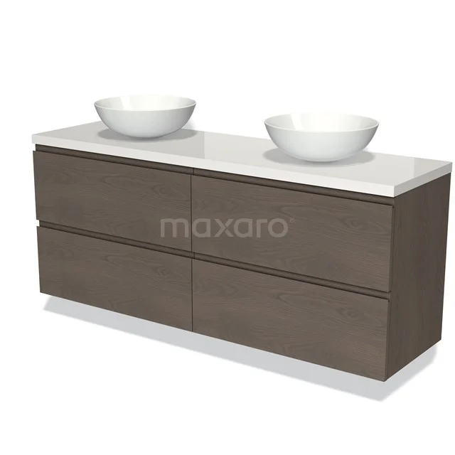 Badmöbel für Aufsatzwaschbecken 160cm Modulo Plato dunkelbraune Eiche 4 Schubladen Grifflos Hochglanz Weiß Platte BMK18-01399 Holz Badezimmermöbel mit doppeltem Aufsatzwaschbecken, modernes Design, vier Schubladen, weiße Platte, ideal für stilvolle Bäder.