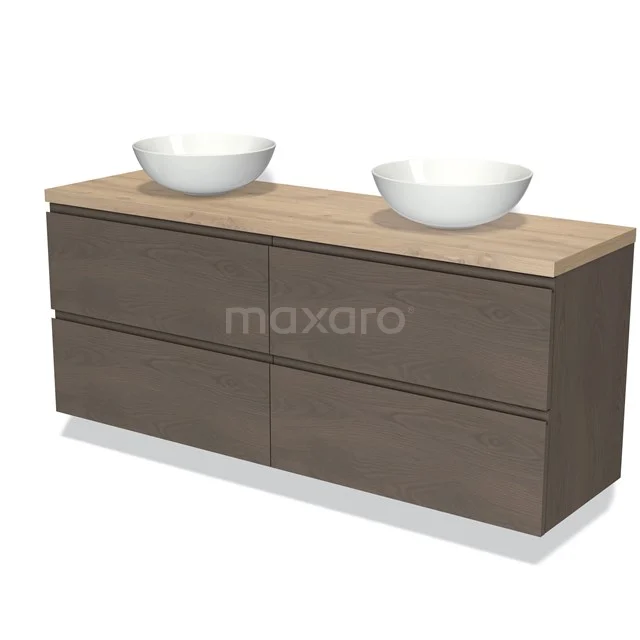 Modulo Plato Badkamermeubel voor waskom | 160 cm Donkerbruin eiken Greeploos front Lichtbruin eiken blad 4 lades BMK18-01401