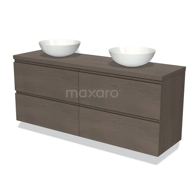 Holz-Waschtisch mit doppeltem weißen Aufsatzwaschbecken-Design, modern und geräumig, ideal als stilvolle Badezimmerlösung.