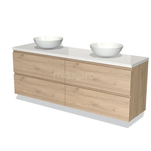 Houten badkamermeubel met dubbele wastafel, modern design, lichte eikenkleur en witte keramische waskommen, ideaal voor badkamers.