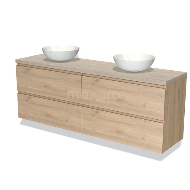 Houten badkamermeubel met vier lades en twee witte waskommen, eigentijds design en geschikt voor een moderne badkamer.