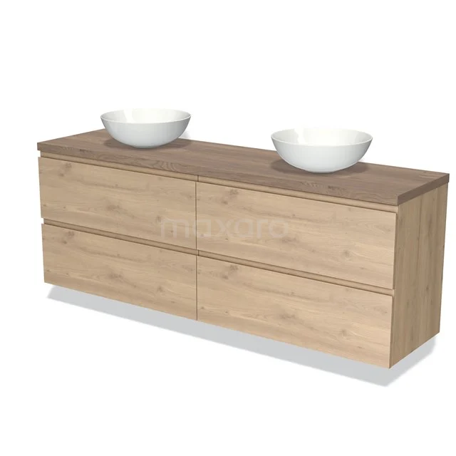 Houten badkamermeubel met dubbele wastafel, moderne lades en lichte houtfinish voor een stijlvolle en functionele badkamer.
