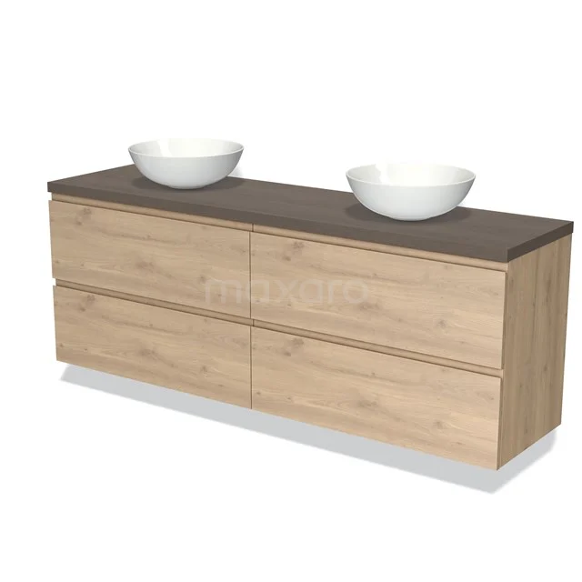 Houten badkamermeubel met dubbele waskommen, naturel eiken afwerking en strak design, ideaal voor moderne badkamerinrichting.