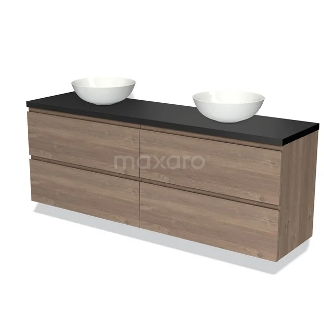 Houten badkamermeubel met twee waskommen, donker blad, moderne look, ideaal voor stijlvolle en functionele badkamers.
